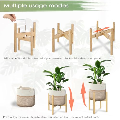 Flower Pot Rattan Plant Stand Planter with Stand, Tall Indoor Boho Woven Wicker Storage Basket with Adjustable Wood Shelf (White & Brown) - color: White & Brown