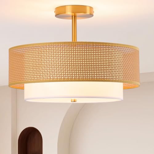 15.7" Semi-Recessed 3-Light Ceiling Light with Boho-Style Faux Rattan Shade, Gold Double-Layer Circular Design, UL-Listed for Bedroom, Kitchen, Living Room, Dining & Entryway - color: 15.7'' Rattan&Fabric Gold