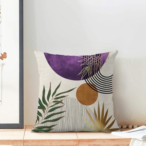 Boho Pillow Covers 16x16 Set of 2 Abstract Green Purple Gold Sunset Throw Pillow Covers Mid Century Bohemian Tropical Leaf Pillowcase Farmhouse Linen Cushion Case for Home Sofa Outdoor Decor - color: Mid Century-purple, size: 16" x 16" (Pack of 2)