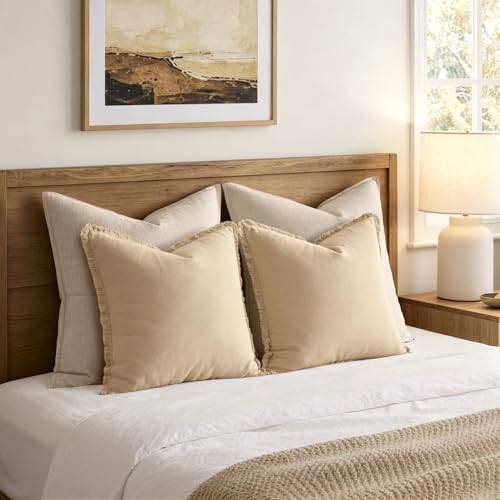 ANRODUO Set of 2 Decorative Throw Pillow Covers 24×24 Inch Soft Linen Fringe Farmhouse Boho Vintage Cushion Covers with Tassels Accent Pillowcase for Couch Sofa Bed Living Room Summer Decor Beige - color: Beige, size: 24" x 24" (Pack of 2)