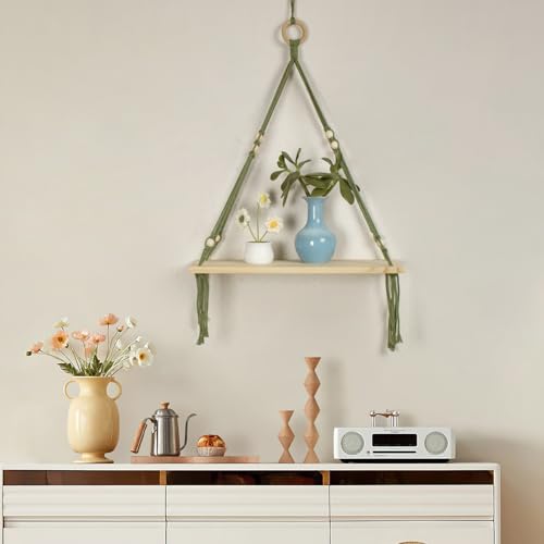 HVEST Macrame Shelf Wall Hanging Rustic Wood Floating Storage Shelf for Bedroom Bathroom Living Room Nursery Dorm Apartment Handmade Woven Tapestry Modern Minimalist Wall Art Macrame Plant Hanger - color: Green White