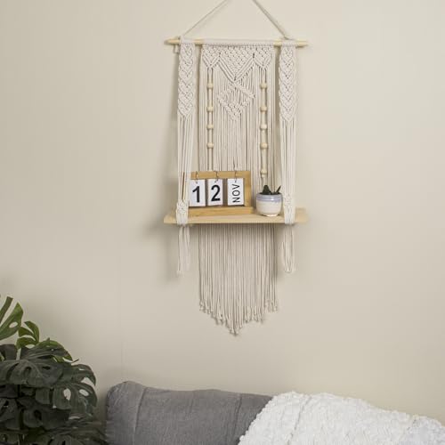 HVEST Macrame Wall Hanging Shelf Boho Decor Handmade Woven Tapestry for Bedroom, Macrame Wall Art Wood Floating Shelf for Living Room Office Nursery Decor Plant Hanger, 34.2L X 15.7W inches - color: Beige