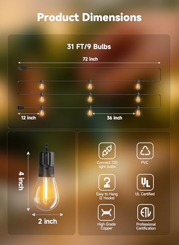 Minetom 31FT Outdoor String LED Patio Lights Waterproof,Shatterproof S14 Vintage Edison Bulbs,Commercial Grade Outside Hanging Lights Waterproof for Porch Deck Garden Backyard Balcony Cafe Bistro - size: 31 FT(9 Sockets)