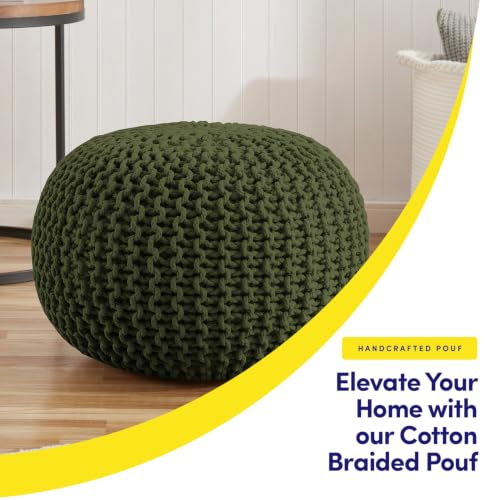 Pouf Ottoman Foot Rest Stuffed – 20” Diameter x 14” Tall Cozy Floor Pouf for Living Room, Bedroom, Nursery & More – 100% Cotton Knit Shell, EPS Bead Filled Footrest & Accent Chair, Green - color: Green