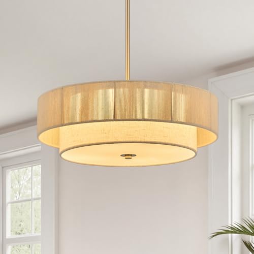 VONLUCE 17.7" Boho Rattan Chandelier, 4-Light Drum Chandelier with 2-Tier Woven Rattan Ceiling Light for Dining Room Bedroom Living Room with E26 Sockets, Nickel Finish, ETL Certified - color: Nickel, size: 18inch