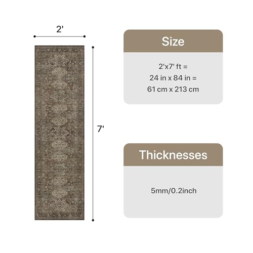 Bavni Washable Runner Rug 2x7, Non Slip Long Hallway Rug, Vintage Print Low Pile Ultra Thin Washable Carpet for Kitchen Bedroom, Brown - color: Brown, size: 2' x 7' (Rectangular)