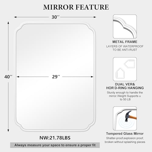 Ferytange White Bathroom Vanity Mirror for Over Sink 30" x 40" Modern Rounded Corner Rectangle Wall Mirror Decorative with Non-Rusting Iron Metal Framed (Horizontal/Vertical) - color: White, size: 40"L x 30"W