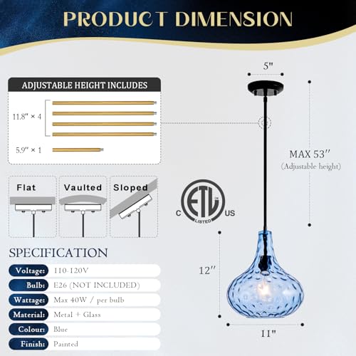 11" Hand-Blown Blue Glass Pendant Light, Hammered Glass Shade with Black Finish, Adjustable Modern Hanging Light Fixture for Kitchen Island, Dining Room, Hallway, Living Room - color: Blue Rod