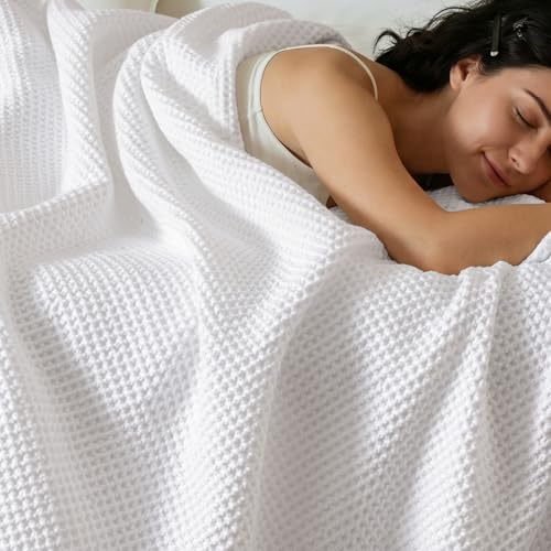 PHF Pre-Washed 100% Cotton Waffle Weave Blanket Queen Size for Bed,Snag Proof Throw Blanket for Couch Spring Summer Lightweight Breathable,Machine Washable, Home Decor Gift - White - color: White, size: Queen(90" x 90")