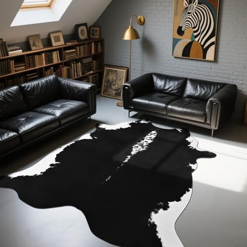 BENRON Premium Cowhide Rug Black, Faux Cow Hide Rugs for Living Room Bedroom Western Home Decor, Non Slip Cute Rug with Irregular Animal Skins and Hides, 4.6 x 5.2ft - color: Black, size: 4'7" x 5'2" (Irregular)