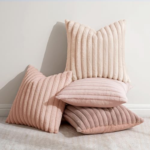 MIULEE Faux Fur Plush Decorative Throw Pillow Covers 20x20 Set of 4, Valentine's Day Cute Modern Soft Romantic Fuzzy Striped Cushion Covers Girl for Sofa Couch Bed Living Room Cozy Home Decor,Pink - color: Pink, size: 20" x 20" (Pack of 4)