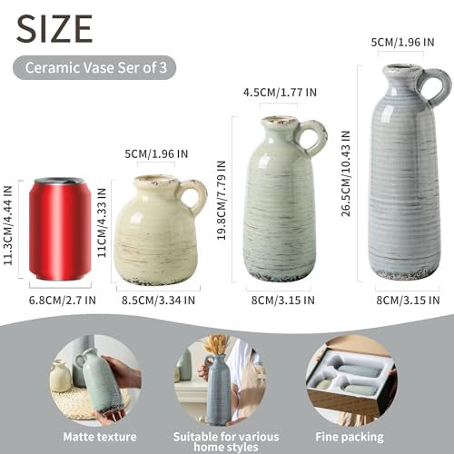 Ceramic Vase Set of 3 | Neutral Vase Home Decor with Handle | Pottery Modern Farmhouse Vases Pampas Grass Flower Vases for Home Decor Table Living Room Centerpieces Mantel Decor - Multicolor - color: 010 Vase Set With Handle - Multicolor
