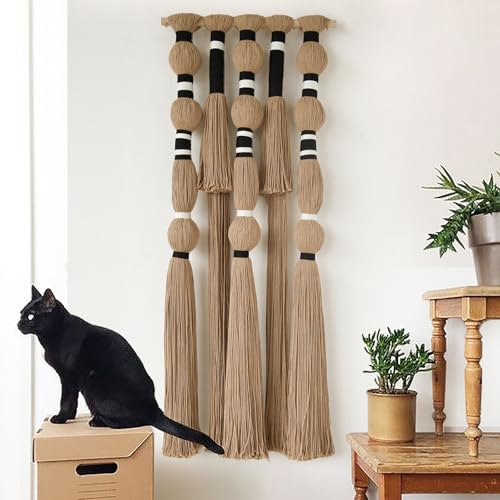 Flber Macrame Wall Hanging Khaki Black Geometric Yarn Wall Art Cotton Tassel Textile Wall Decor for Bedroom Living Room 15.7" W x 39" L - color: Khaki Black