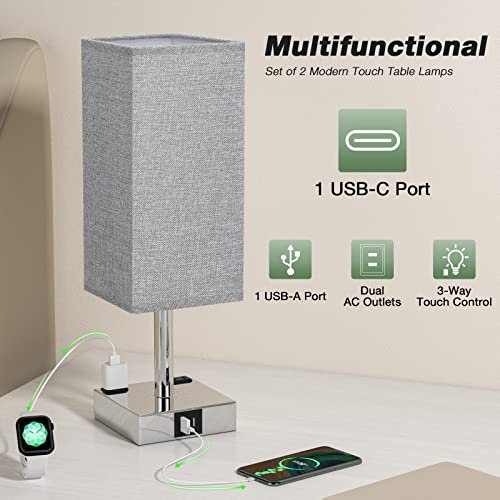 aooshine Gray Set of 2 Touch Lamps with USB Port Nightstand Lamp with USB-C+A Charge Ports & AC Outlets, 3-Way Dimmable Bedside Lamp, Small for Bedroom Living Room (Bulb Included) - color: Gray-Silver