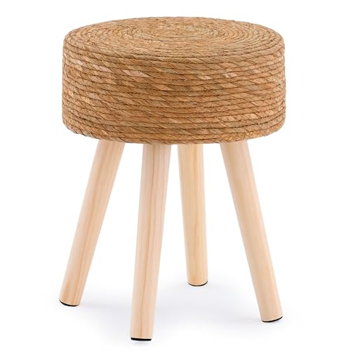 Handwoven Outdoor Ottoman, Water Hyacinth Pouf Round Patio Footstool with Wood Legs, 17-Inch Multipurpose Vanity Stool, Dining Chair, Patio Footrest for Balcony and Garden, Natural - color: Natural, size: 13"D x 13"W x 16.9"H
