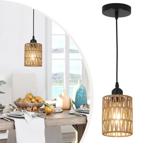 LAMSU 1-Light Rattan Pendant Lights, Boho Farmhouse Pendant Lighting with 4.7×5.9in Hand Woven Shade, Small Wicker Light Fixture Ceiling Hanging for Dining Room Kitchen, Height Adjustable up to 61in - size: 1 Pack