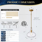 11" Hand-Blown Clear Glass Pendant Light with Hammered Texture, Gold Finish Adjustable Hanging Light Fixture for Kitchen Island, Dining Room, Hallway, Living Room - color: Gold Rod
