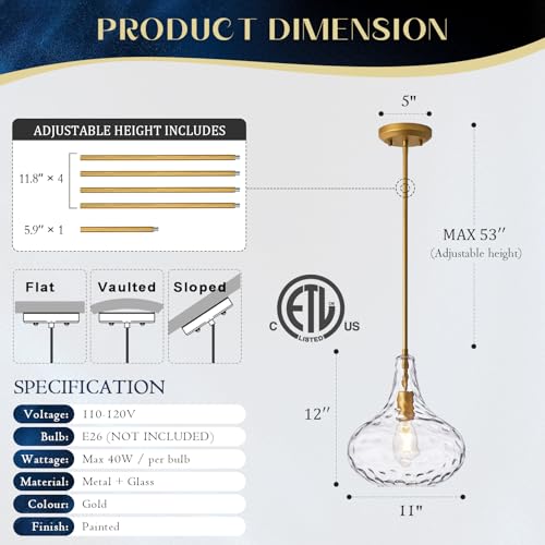 11" Hand-Blown Clear Glass Pendant Light with Hammered Texture, Gold Finish Adjustable Hanging Light Fixture for Kitchen Island, Dining Room, Hallway, Living Room - color: Gold Rod