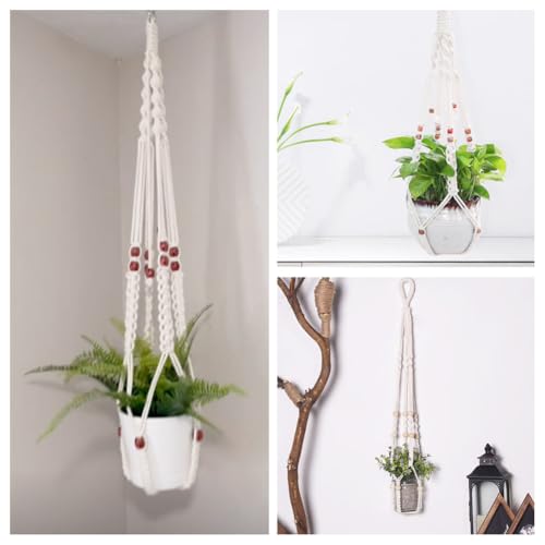 2Pcs Macrame Plant Hangers Indoor Outdoor Hanging Net Plant Basket with Wood Bead, Decorative Flower Pot Holders with 2Pcs S Hooks for Boho Home Room Balcony Garden Decor, Antique White - color: Antique White