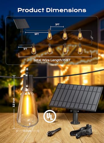 Brightown 151FT Solar String Lights Outdoor Waterproof, Patio Lights with Remote and 48+2 LED Shatterproof Bulbs, Dimmable & Timable, 3 Light Modes, Solar Lights Outdoor for Yard Camping Party Outside - size: 151FT(48 Sockets)
