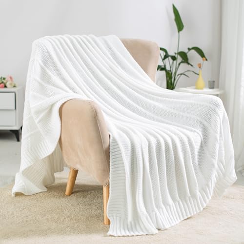 Carriediosa Knit Throw Blanket for Couch 50" X 60", Soft Cozy Stripe Pattern Cable Knitted Throws Fall Fluffy Textured Solid Home Decor Blankets Couch Cover for Bed Sofa, White - color: White, size: 50" X 60"