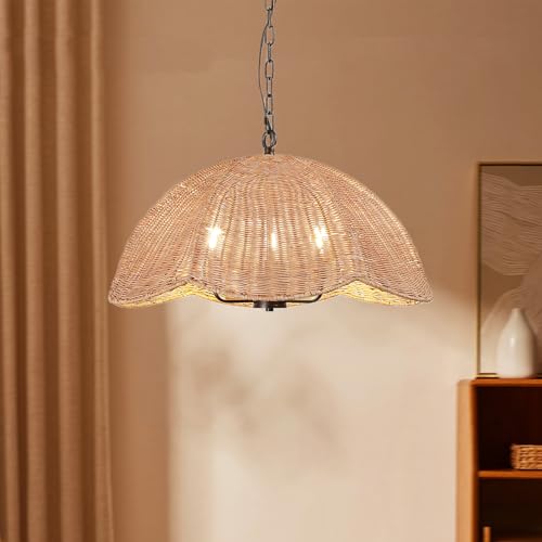 ocioc Rattan Pendant Lighting,23.6" Kitchen Island Hanging Light Fixtures,Large Boho Hand-Woven Chanderlier, E26 Farmhouse Retro Ceiling Chandelier 3-Lights for Dining Room Kitchen Island Living Room - size: 23.6" 3-Light