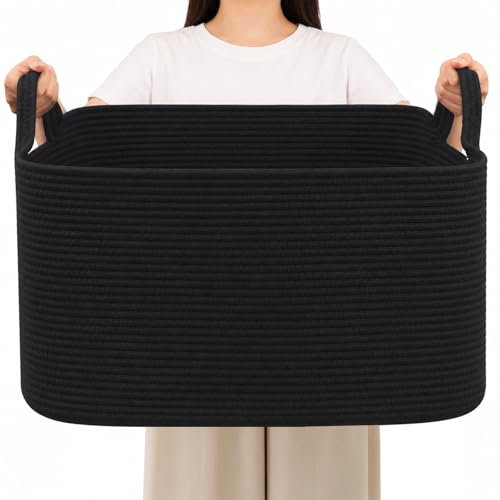 96L Large Blanket Basket,24"x16"x15"Rectangle Storage Bin with Handles,Woven Rope Laundry Basket for Toys, Clothes,Magazines,Home Organization,Nursery,Living Room & Bedroom,Black - color: Black, size: 24"x16"x15"(96L)