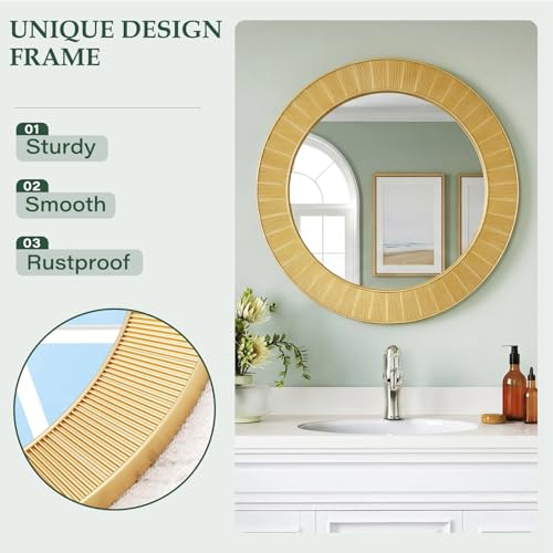Gold Round Wall Mirror - 31 Inch Large Gold Circle Wall Decorative Mirrors for Decor, Modern Art Accent Mirror with Golden Carved Framed for Living Room, Dining Room, Entryway, Bedroom - color: Round-gold