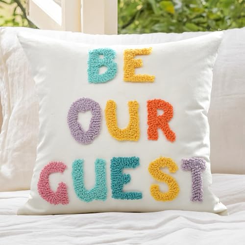 "Be Our Guest Boho Pillow Covers 18X18 Inch Decorative Words Tufted Throw Pillow Covers Farmhouse Pillow Case for Couch Sofa Bed Living Room Bedroom, Teal/Yellow/Lilac - color: Be Our Guest, size: 18" x 18" (Pack of 1)