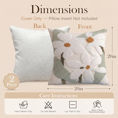 Summer Daisy Throw Pillow Covers 20x20 Inch Set of 2, Chenille Embroidered Pillowcase with 3D Tufted White Flowers Sage Green Leaves, Boho Decorative Cushion Covers for Couch Sofa Bed - color: White, size: 20" x 20" (Pack of 2)