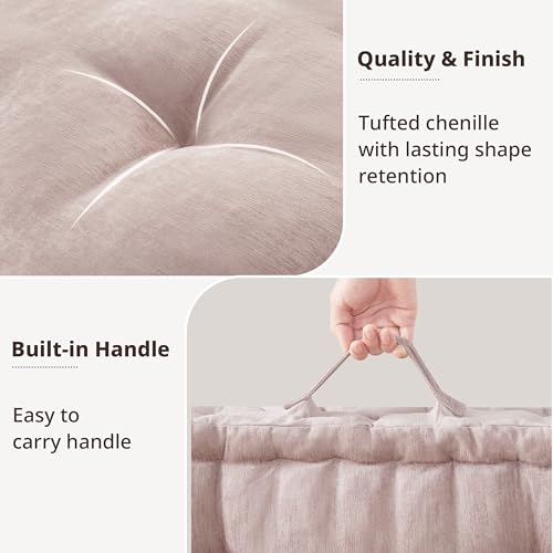 Intelligent Design Large Floor Pillow for Adults Yoga or Meditation Cushion with Handle, Floor Cushion for Board Games, Lustrous Chenille Tufted, Handsewn Scalloped Edge, Azza, 24" x 24" x 5" Blush - color: Square Blush With Handle, size: 24"W x 24"L x 5"
