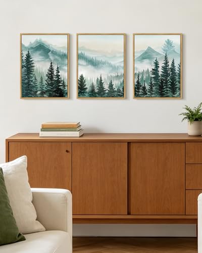 KUVIOKE Fog Pine Tree Mountain Landscape Framed Wall Art Watercolor Nature Misty Forest Painting Vintage Farmhouse Rustic Wall Decor for Bedroom Hallway 11x14in (Natural Framed) - color: Forest and Mouontain, size: 11 x 14in x 3 Panels Natural