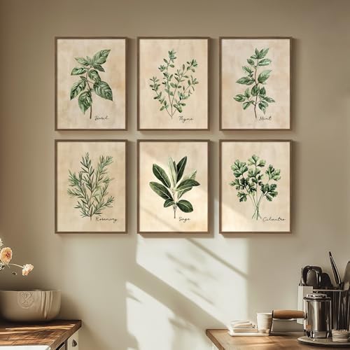 Framed Sage Green Botanical Wall Art for Kitchen, Set of 6 Rustic Herb Canvas Prints Artwork for Modern Farmhouse Walls, Herbs Spices Plant Leaf Pictures for Dining Room Living Room Bedroom Wall Decor - color: Herbs - Walnut Framed, size: 11" W x 14" H x