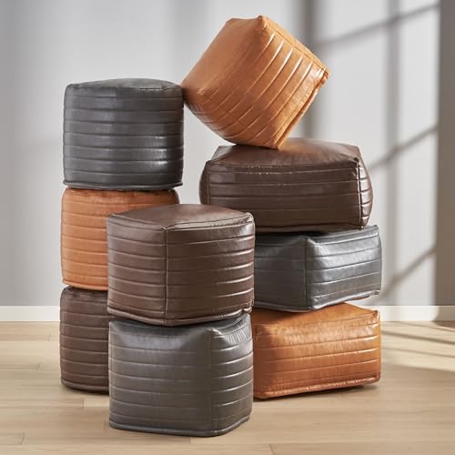 GDFStudio Contemporary Faux Leather Channel Stitch Pouf Ottoman Foot Stool - Bean Bag Floor Chair - Foot Rest Couch for Living Room Bedroom,Caramel Cube,16"" x 16"" x 16"", Conrai,caramel, 314802N - color: Caramel, size: 16"