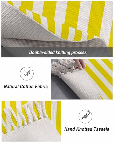 Yellow Stripes Kitchen Runner Rug 2'x4', Washable Woven Cotton Area Rug with Tassels Bathroom Hallway Rug, Farmhouse White Simple Vertical Striped Entryway Bedroom Rug Non Slip Throw Rug Carpet - color: Yellow, size: 2 x 4 ft