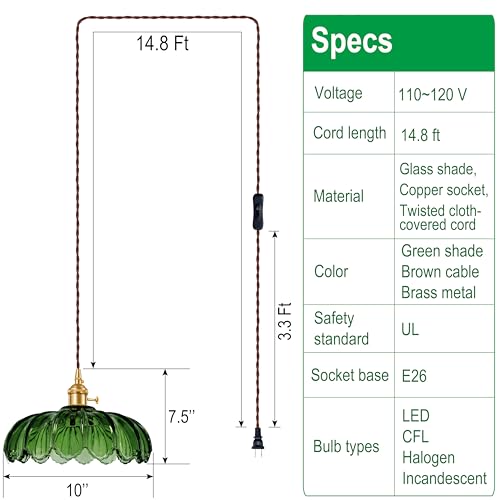 Plug-in Pendant Light Fixture, Hanging Light Fixture, Glass Pendant Light, Swag Lamp with Inline On/Off Switch for Kitchen Island, Bedroom, Dining Room, Living Room (Green, 15 Ft Cord) - color: Green, size: 15 ft