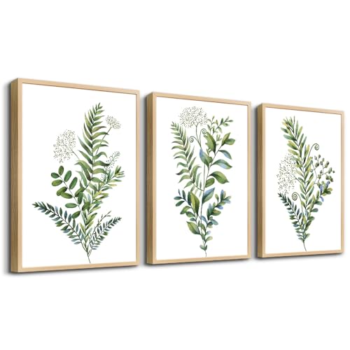 Natural Wood Frame 3 Pieces Framed Wall Art For Living Room Bathroom Wall Decorations Kitchen Wall Decor Canvas Print Decor Modern Simple Bedroom Home Decoration Green Leaves Poster Wall Paintings - color: 3 Panels Green Plants Natural Wood Framed, size: