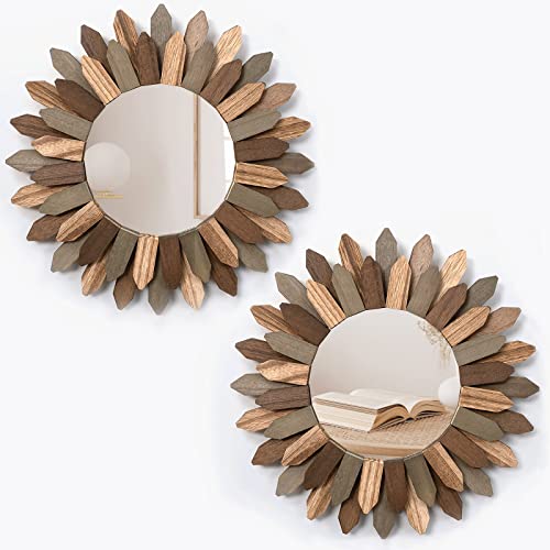 Honiway Boho Wall Decor Mirror 2 Pack 12 inch Rustic Wood Decorative Mirror for Room Decor Rustic Farmhouse Wall Decor for Bedroom Bathroom Living Room Entryway Tril Color - color: Tril Color, size: 12 inch (2 pack)