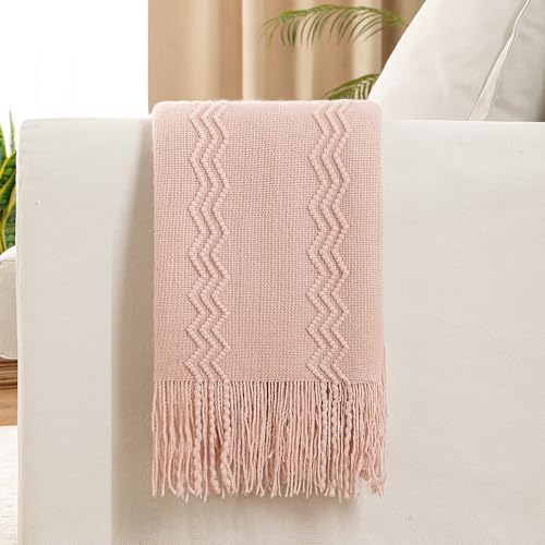 MIULEE Light Pink Knitted Throw Blanket for Couch Bed, Boho Textured Cozy Woven Decorative Farmhouse Blanket with Tassels for Sofa Chair Living Room 50"x60" - color: Pink, size: 50" x 60"