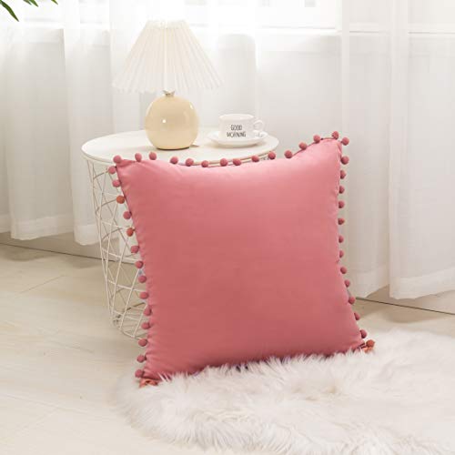 Elegant Comfort POM-POM Fringe Velvet Cushion Covers Set of 2, Velvet Soft Solid Decorative Square Throw Pillow Covers Set Cushion Case for Couch, Livingroom 18 x 18 Inch (45 x 45 cm), Dusty Rose Pink - color: Dusty Rose Pink, size: 18" x 18" (Pack of 2)
