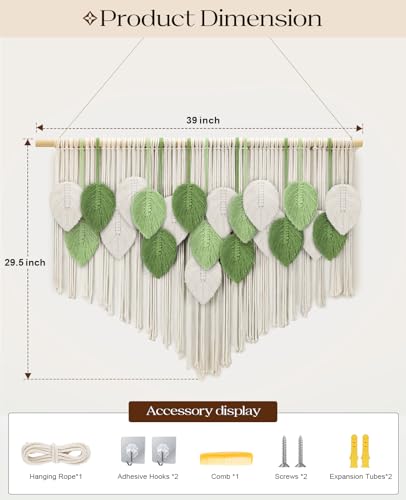 Tempospark Large Macrame Wall Hanging, 39" Wx29 L Boho Wall Hanging, Boho Chic Leaves Tassels Tapestry for Bedroom, Living Room, Dining Room, Nursery, Hallway, Balcony - color: Forest Green, size: 29"L x 39"W