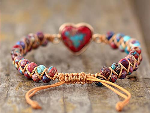 Women Boho Wrap Bracelet,Handmade Natural Stone Crystal Emperor Beads Heart Bracelet, Fashion Bohemian Jewelry Gift for Women - color: Emperor Jasper