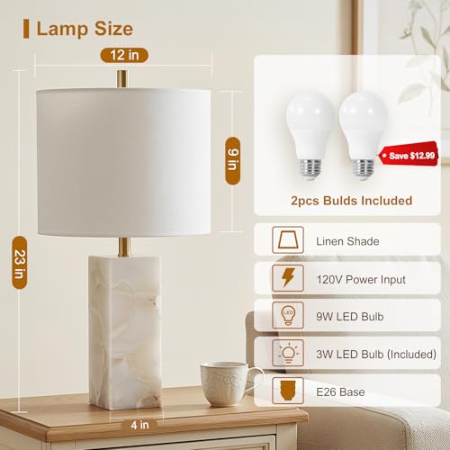 Scenekoy Alabaster Table Lamp Set of 2 with Night Light for Bedroom Living Room, 23" Rotary Switch Bedside Lamp with Linen Shade, Modern Nightstand Lamps for Room Office Dorm (Bulb Included) - color: White