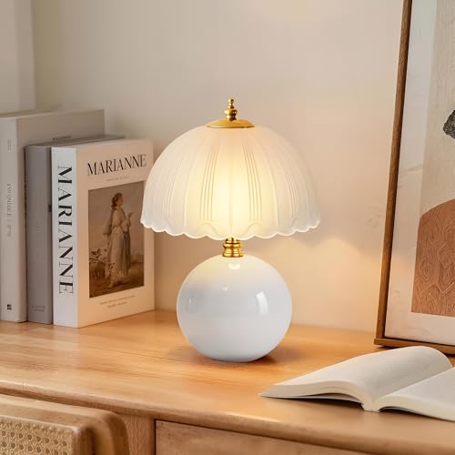 PARTPHONER Mushroom Table Lamp, Ceramic Bedside Lamp with Glass Shade, 3-Way Lighting (2700K-5000K) Rocker Switch, Small Nightstand Lamp for Bedroom, Living Room, Office, White - color: White