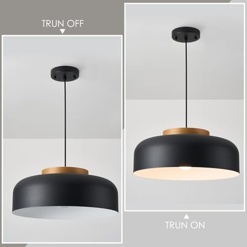 Modern Large Pendant Light Fixture, 17.7 inch,Natural Wood Cap, Matte Black Finish, Simple Pendant Lighting for Kitchen Island, Dining Room, Table - color: Black, size: 17.7 inches