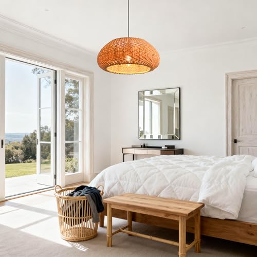 Farmhouse Pendant Light, 19" Rattan Handwoven Boho Chandelier for Dining Room, Farmhouse Ceiling Light Fixture with Adjustable Cord, Natural Wicker Hanging Lamp for Kitchen Island, Bedroom, E26 Base - color: D3038