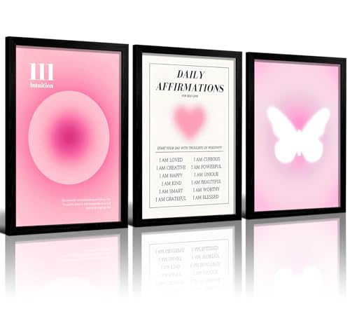 LIANGSU Black Framed Angel Number Affirmations Wall Art Pink Aura Gradient Butterfly Canvas Prints Boho Spiritual Positive Energy Wall Picture for Bedroom Living Room Office 12x16 Inch - color: Pink Affirmations Wall Art, size: 12x16 Inches