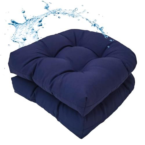 MTMR Water-Repellent Outdoor Chair Cushions Set of 2, 19”X19” Patio Chair Cushions with High Elasticity PP Cotton, No Fading Tufted Seat Cushions for Outdoor Furniture, Thick and Large Patio Cushions - color: Navy