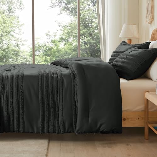 BEDELITE Boho Twin/Twin XL Comforter Set，Dark Grey Tufted Striped Bed Set 2 Pieces, Soft Vintage Farmhouse Comforter for College, Boho Home Dorm Decor, Fluffy Jacquard Bedding with 1 Pillow Sham - color: Dark Grey, size: Twin/Twin XL