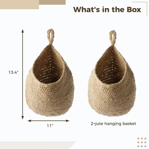 2Pcs Jute Hanging Fruit Baskets, Teardrop Onion Basket for Vegetables, Handmade Jute Wall-Mounted Organizer, Boho Wall Decorative Storage Basket for Kitchen, Living Room, Bedroom